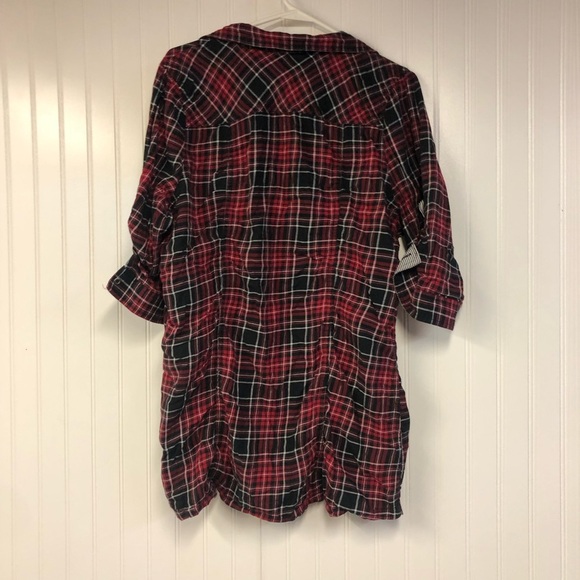 Maurices Red and Black Plaid Button-Up 3/4 Sleeve Shirt Ruched Size 1 1X Flannel - Picture 4 of 4